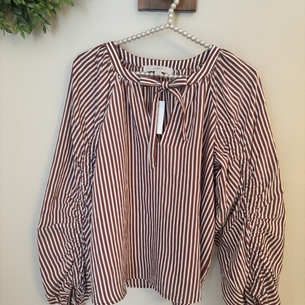 NWT LOFT Womens Size S Brown White Stripe Tunic Top Ruched Puff Sleeves
